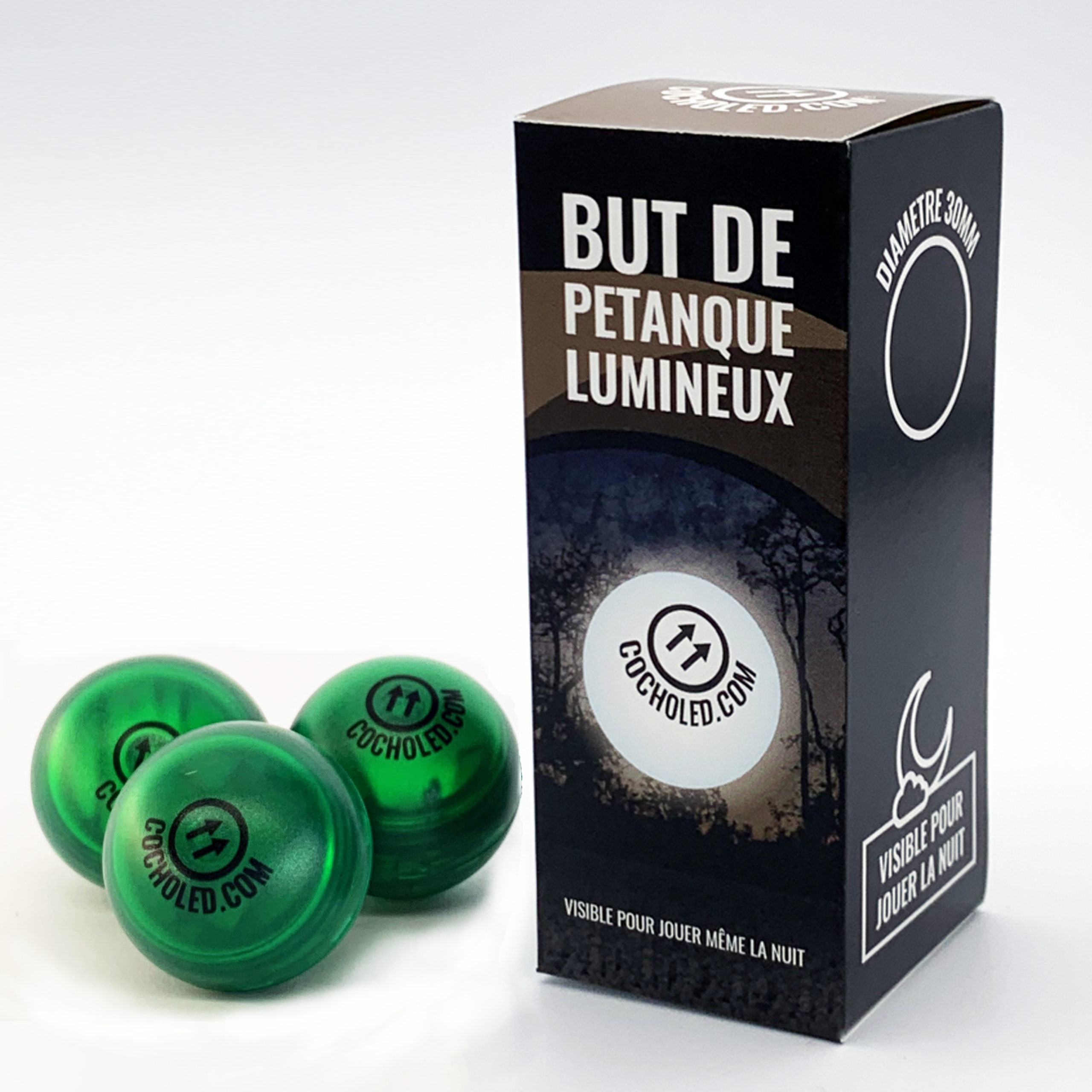 Pack Trio de cochonnets lumineux Cocholed verts avec leur boîte d'emballage, visible pour jouer à la pétanque la nuit